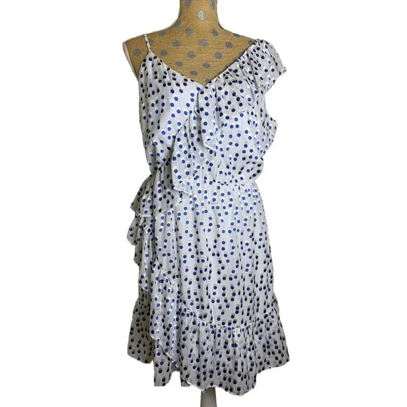Lilly Pulitzer Madelina Dress Large Bennet Blue Polka Dot Ruffle Summer Flirty - Picture 2 of 16